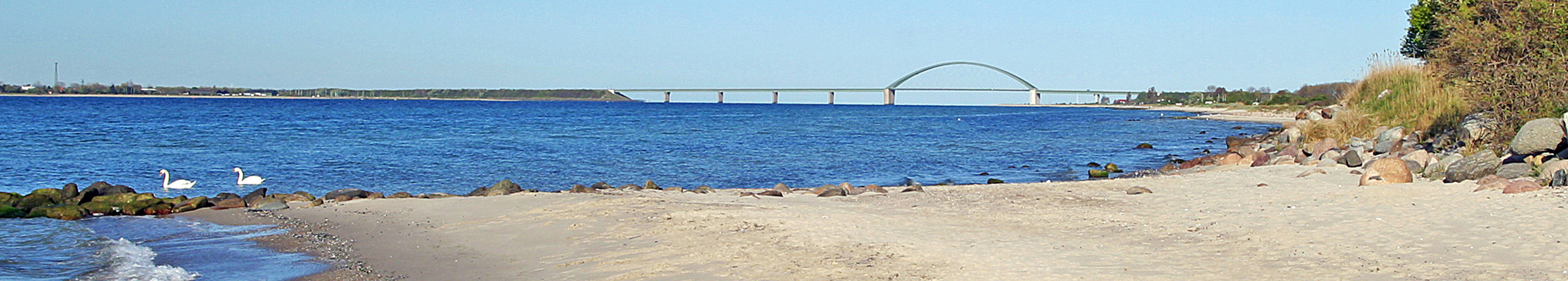 Strand Blick Sundbruecke Schwan 2800x500px